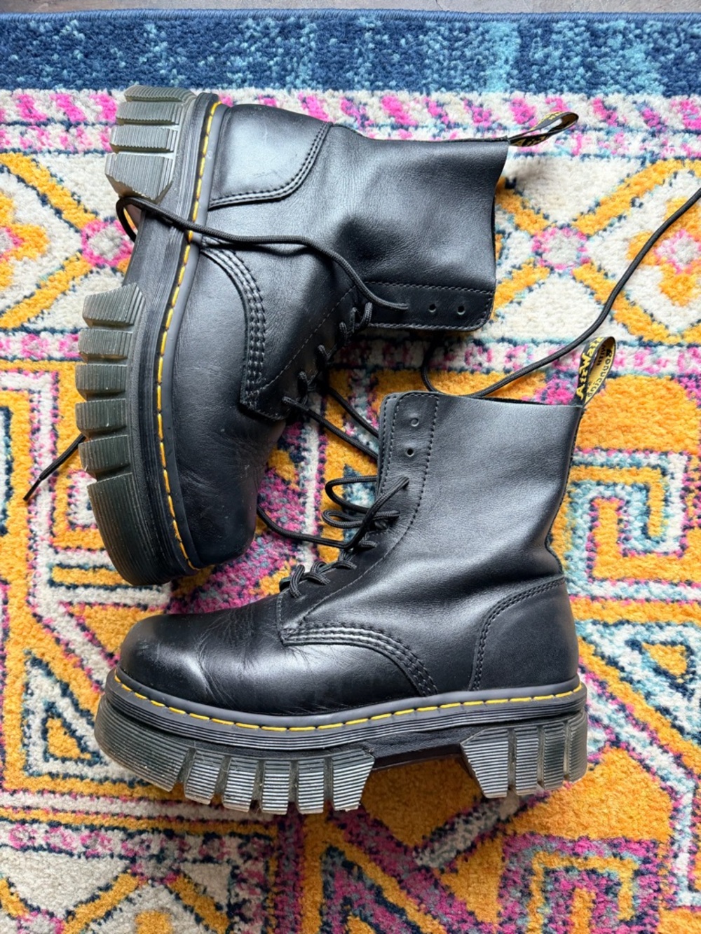 Dr. Martens Black Leather Platform Combat Boots with Yellow Stitching
